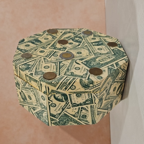 Money themed decoupaged box hand crafted foreign coins keepsake box paper lined - Picture 2 of 16